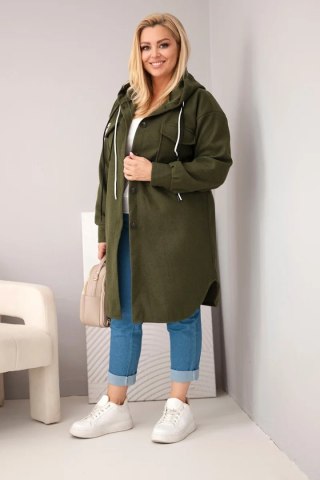 Płaszcz damski Plus Size z kapturem zapinany na guziki khaki
