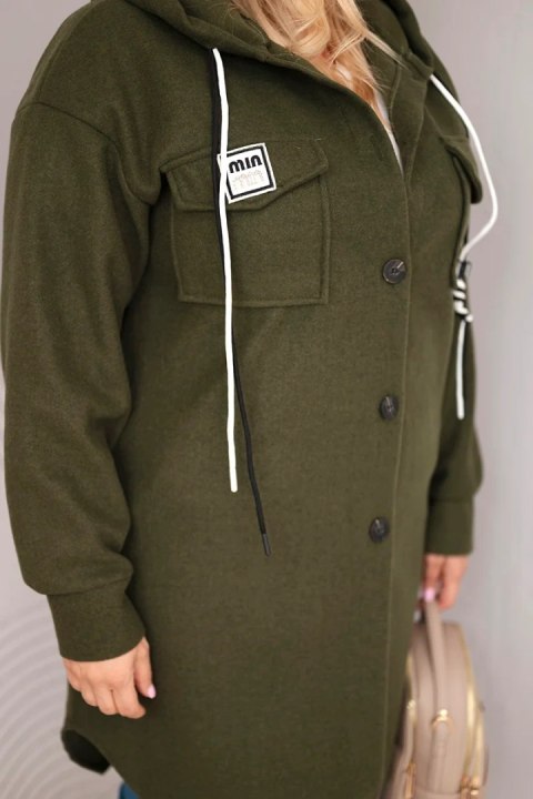 Płaszcz damski Plus Size z kapturem zapinany na guziki khaki