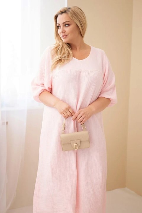 Sukienka damska Plus Size bawełniana muślinowa z dekoltem V cukierkowy róż