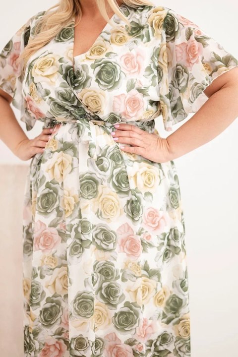 Sukienka damska Plus Size w kwiaty z wiązaniem khaki