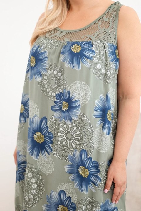 Sukienka damska Plus Size wiskozowa w kwiaty z koronkowym dekoltem khaki