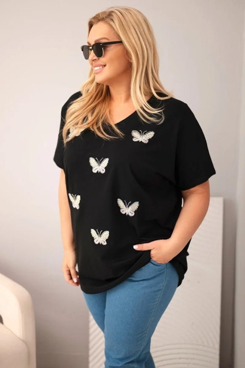 Bluzka damska bawełniana Plus Size z motylkami czarna
