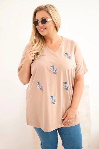 Bluzka damska bawełniana Plus Size z piórkami camelowa