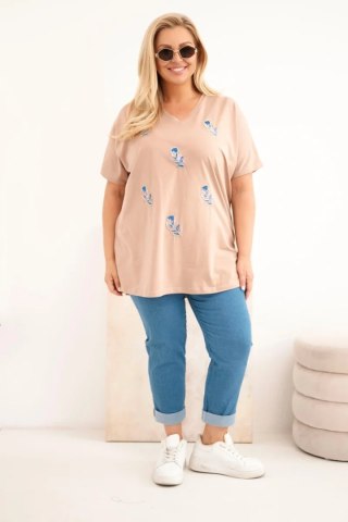 Bluzka damska bawełniana Plus Size z piórkami camelowa