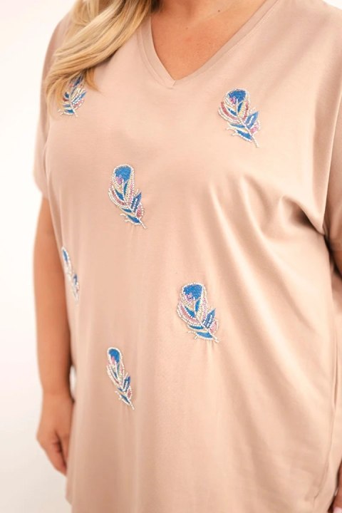Bluzka damska bawełniana Plus Size z piórkami camelowa