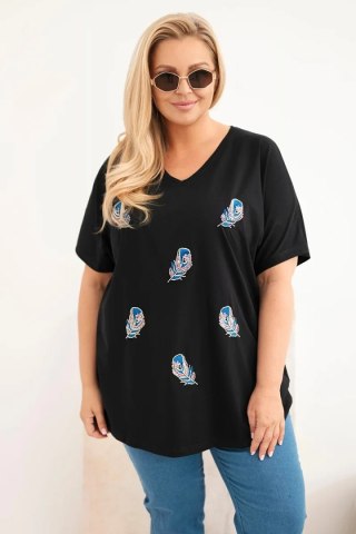 Bluzka damska bawełniana Plus Size z piórkami czarna