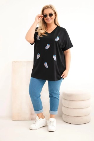 Bluzka damska bawełniana Plus Size z piórkami czarna