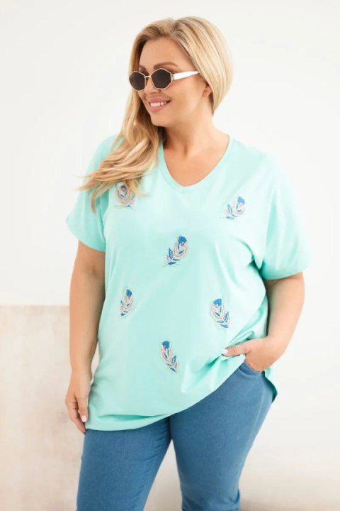 Bluzka damska bawełniana Plus Size z piórkami miętowa