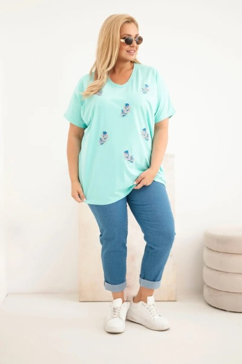 Bluzka damska bawełniana Plus Size z piórkami miętowa