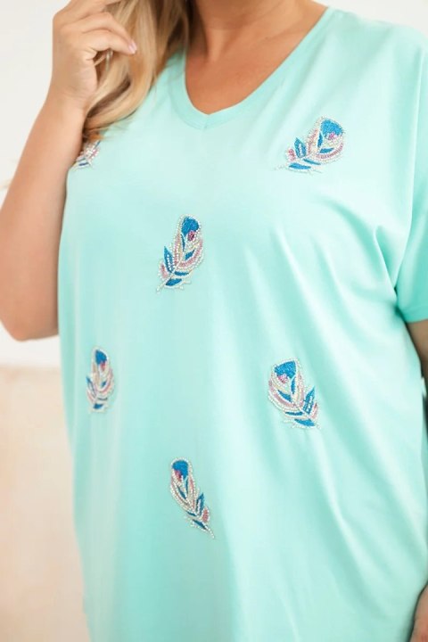 Bluzka damska bawełniana Plus Size z piórkami miętowa