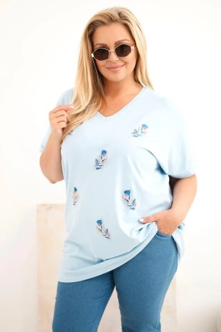 Bluzka damska bawełniana Plus Size z piórkami niebieska
