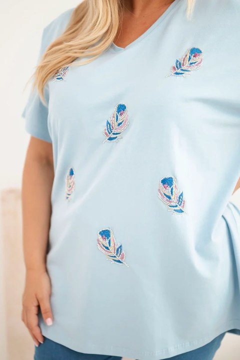 Bluzka damska bawełniana Plus Size z piórkami niebieska