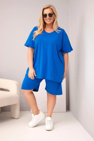 Komplet damski bawełniany Plus Size z bluzką i spodenkami chabrowy