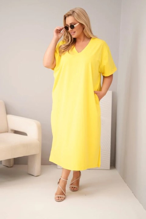 Sukienka damska Plus Size bawełniana z dekoltem w serek żółta