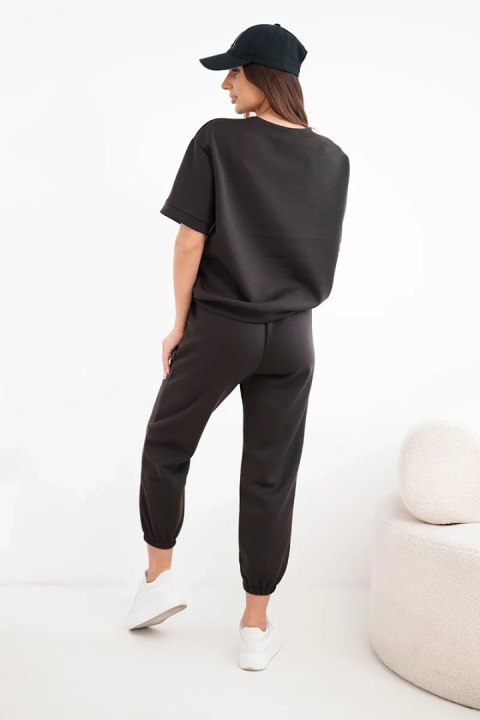 Komplet damski z wiskozy masełko z krótkim rękawem i spodniami ciemny brązowy