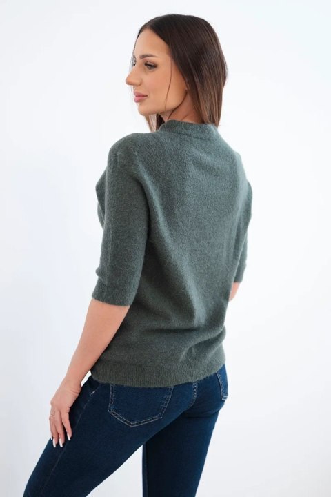 Sweter damski z baby alpaki z krótkim rękawem i okrągłym dekoltem khaki