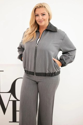 Komplet damski Plus Size z bluzą na zamek i szerokimi spodniami grafitowy