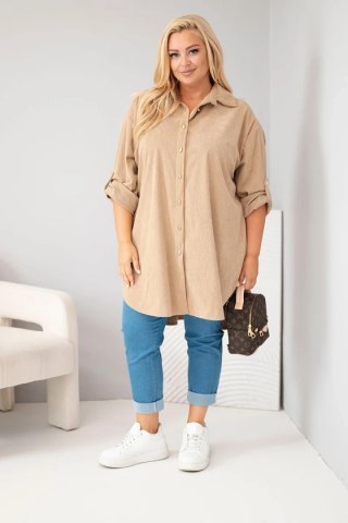 Koszula damska Plus Size z wiskozy sztruksowa z podpinanymi rękawami camelowa