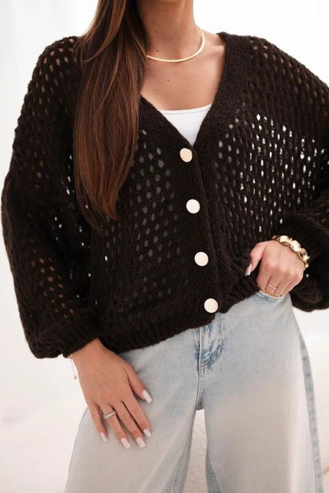 Sweter damski ażurowy oversize zapinany na guziki brązowy